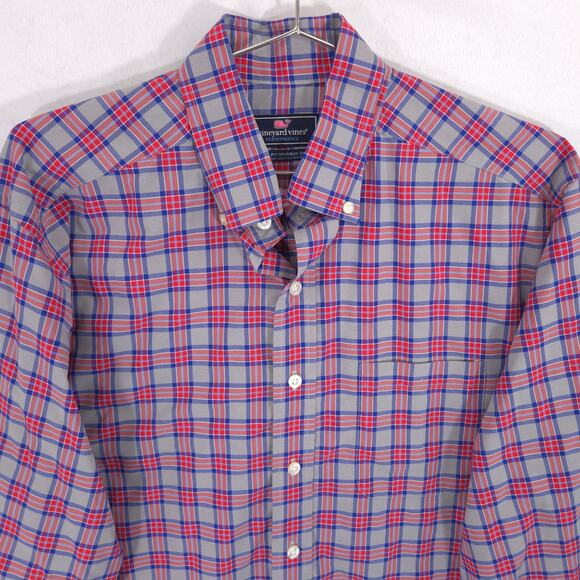 Vineyard Vines Performance Shirt Mens M Gray Red Blue Plaid Classic Fit Murray - Picture 2 of 6